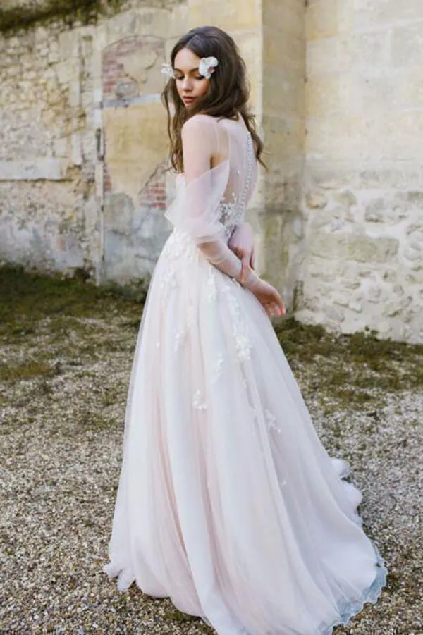 Tulle A-line Long Sleeves Beach Wedding Dresses With Lace Appliques, MW1029