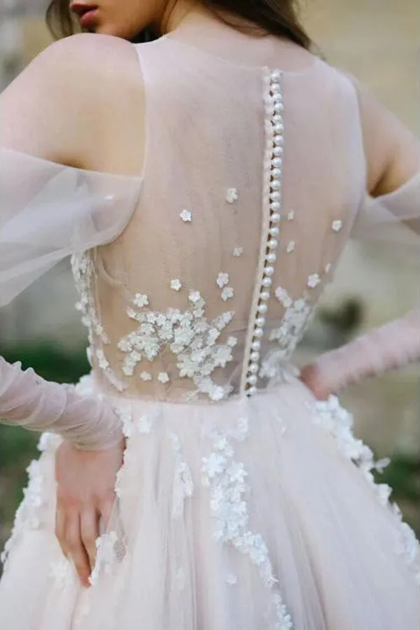 Tulle A-line Long Sleeves Beach Wedding Dresses With Lace Appliques, MW1029