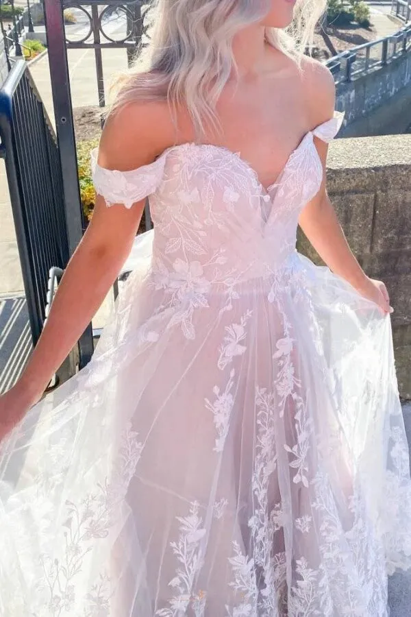 Tulle A-line Off Shoulder Criss Cross Back Lace Appliques Wedding Dresses, MW1082
