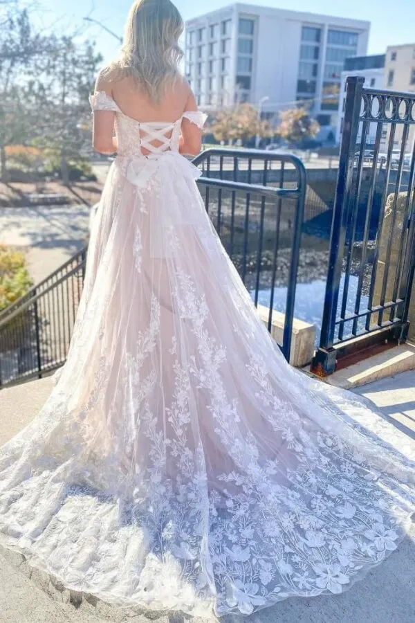 Tulle A-line Off Shoulder Criss Cross Back Lace Appliques Wedding Dresses, MW1082