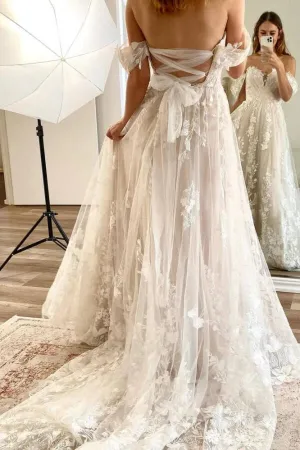 Tulle A-line Off Shoulder Criss Cross Back Lace Appliques Wedding Dresses, MW1082