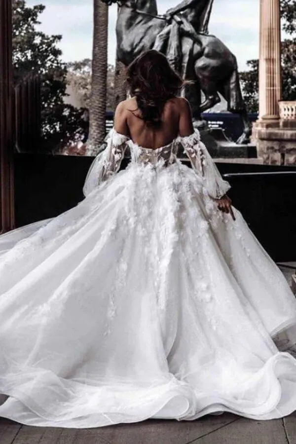 Tulle A-line Off Shoulder Long Sleeves Wedding Dresses With Appliques, MW1083