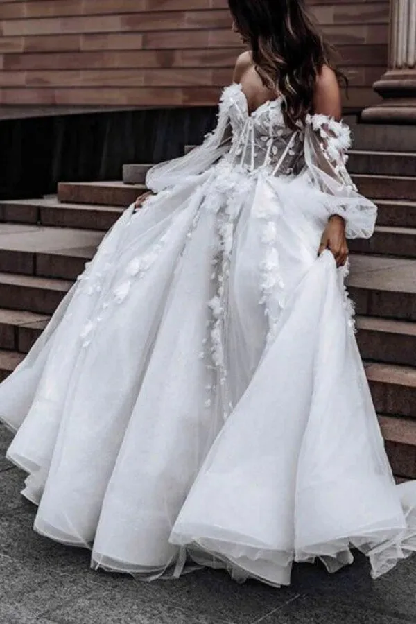Tulle A-line Off Shoulder Long Sleeves Wedding Dresses With Appliques, MW1083