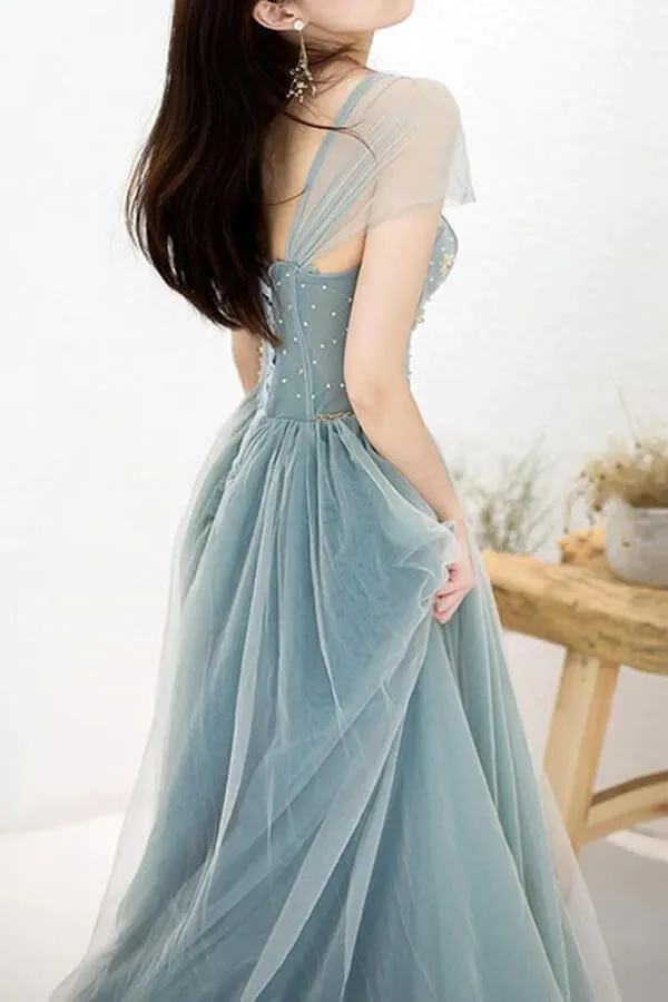 Tulle A-Line Off-the-Shoulder Beaded Prom Dresses, Long Formal Dress, MP679