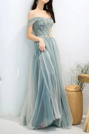 Tulle A-Line Off-the-Shoulder Beaded Prom Dresses, Long Formal Dress, MP679