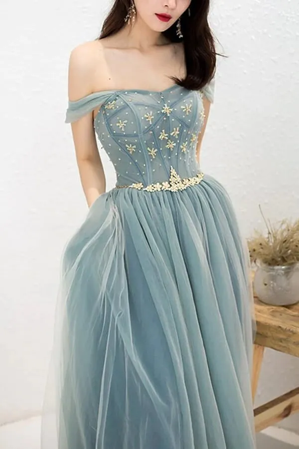 Tulle A-Line Off-the-Shoulder Beaded Prom Dresses, Long Formal Dress, MP679