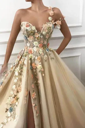 Tulle A-line One Shoulder 3D Flowers Prom Dresses With Slit, Evening Dress, MP637