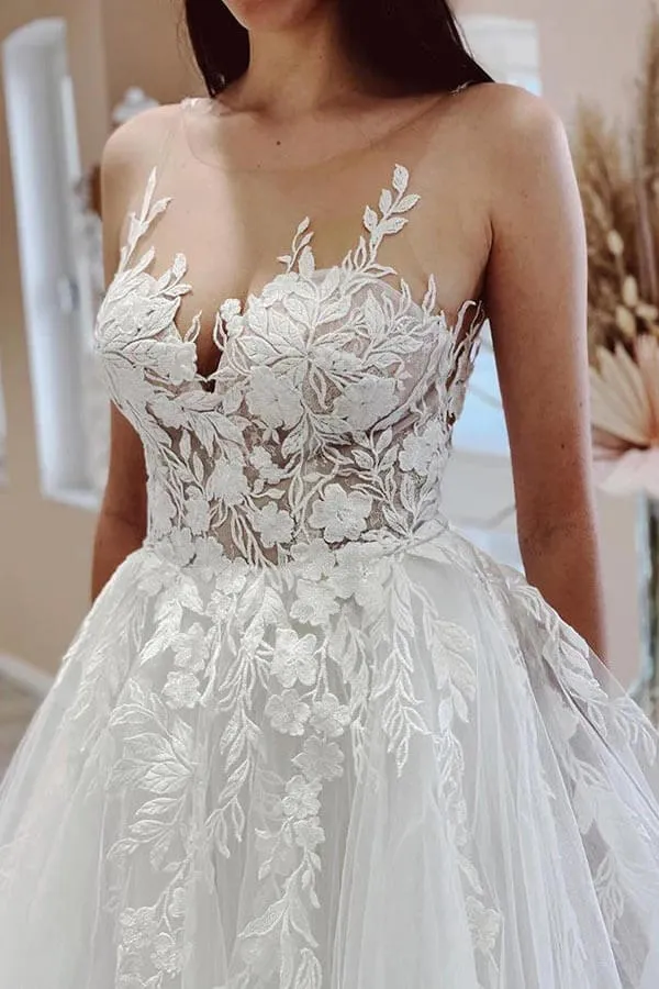 Tulle A-line Sheer Neck Lace Appliques Wedding Dress With Sweep Train, SW653