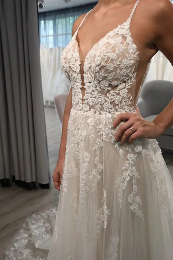 Tulle A-line Spaghetti Straps Backless Wedding Dress, Beach Bridal Gown, SW591