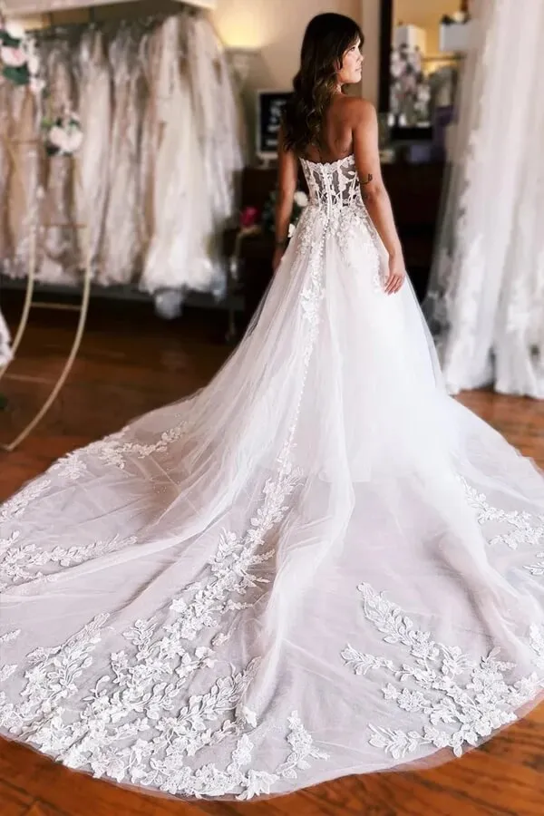 Tulle A-line Strapless Princess Wedding Dresses With Lace Appliques, MW1016