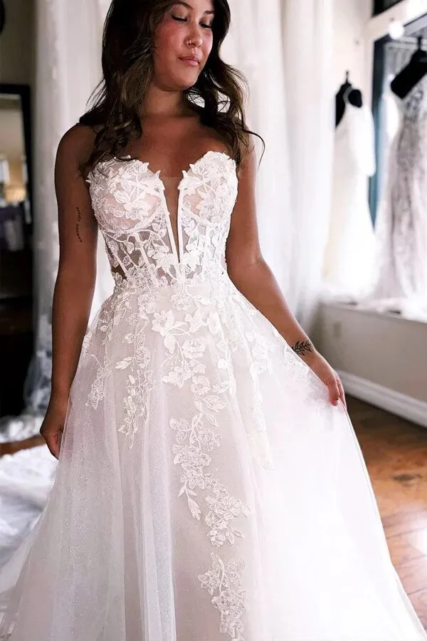 Tulle A-line Strapless Princess Wedding Dresses With Lace Appliques, MW1016