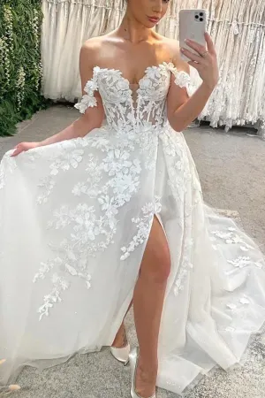 Tulle A-line Sweetheart Off Shoulder Wedding Dress With Lace Appliques, MW1007