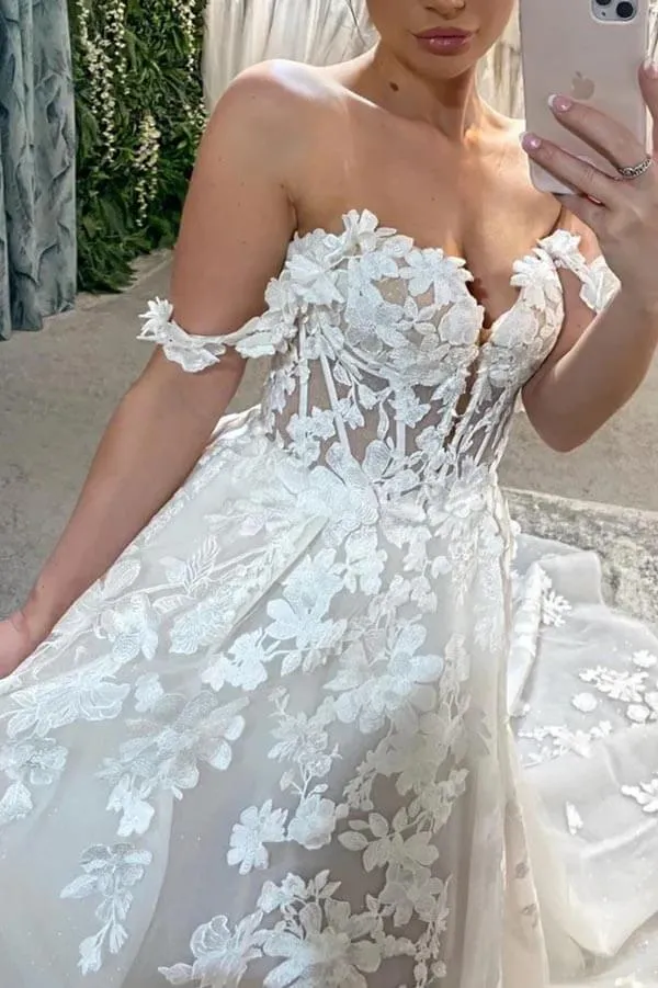 Tulle A-line Sweetheart Off Shoulder Wedding Dress With Lace Appliques, MW1007