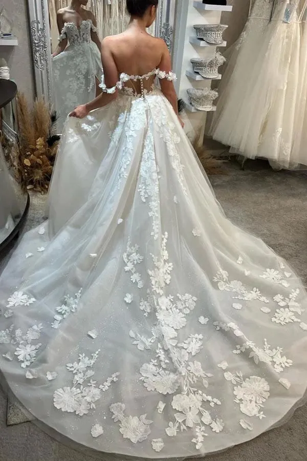 Tulle A-line Sweetheart Off Shoulder Wedding Dress With Lace Appliques, MW1007