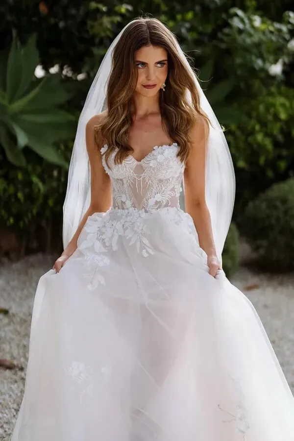 Tulle A-line Sweetheart Sleeveless Lace Appliques Boho Wedding Dresses, MW1026