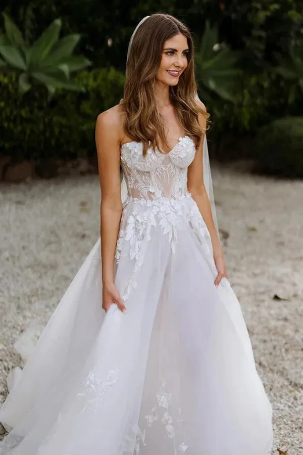 Tulle A-line Sweetheart Sleeveless Lace Appliques Boho Wedding Dresses, MW1026