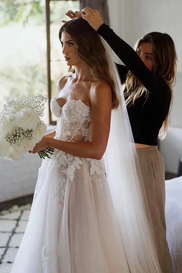 Tulle A-line Sweetheart Sleeveless Lace Appliques Boho Wedding Dresses, MW1026