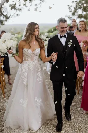 Tulle A-line Sweetheart Sleeveless Lace Appliques Boho Wedding Dresses, MW1026