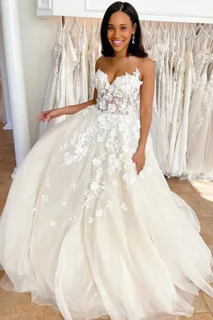 Tulle A-line Sweetheart Spaghetti Straps Lace Wedding Dress, Bridal Gown, MW767