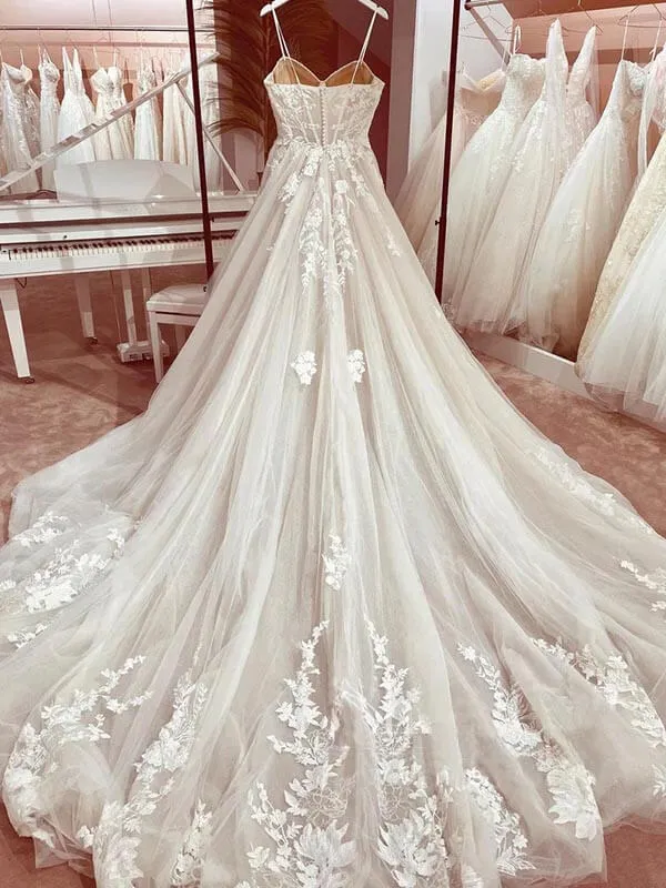 Tulle A-line Sweetheart Spaghetti Straps Wedding Dress With Appliques, MW948