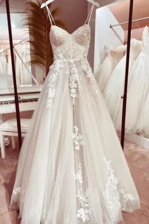 Tulle A-line Sweetheart Spaghetti Straps Wedding Dress With Appliques, MW948