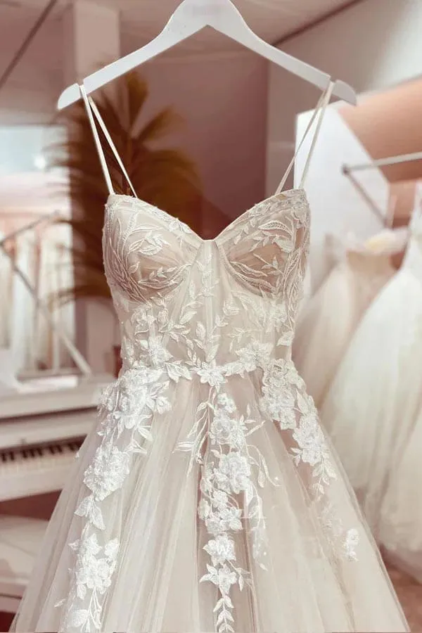 Tulle A-line Sweetheart Spaghetti Straps Wedding Dress With Appliques, MW948