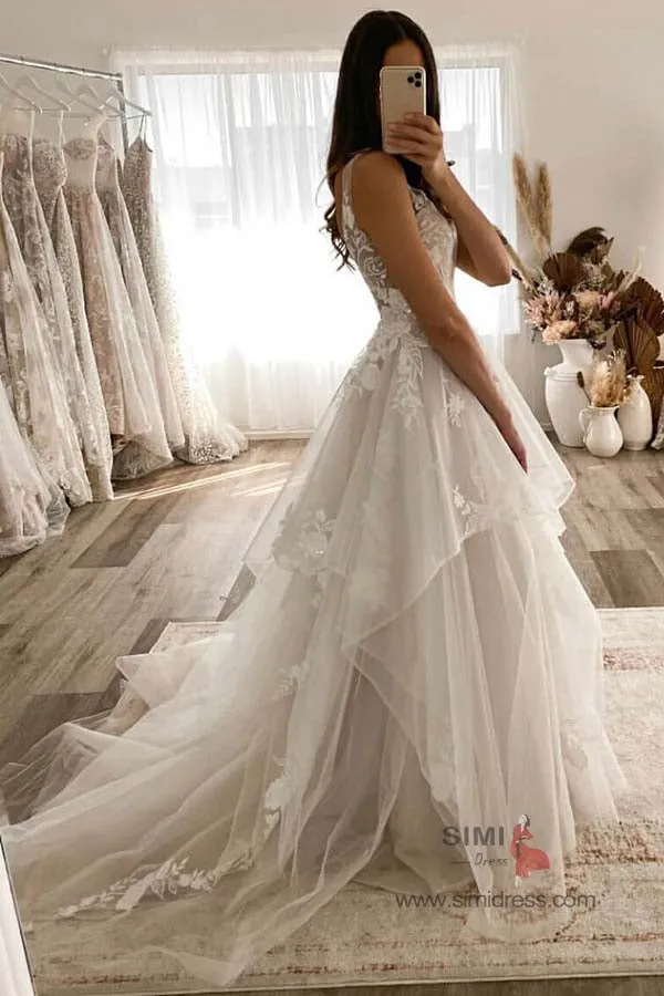 Tulle A-line V-neck Floral Lace Princess Wedding Dresses With Sweep Train, SW510