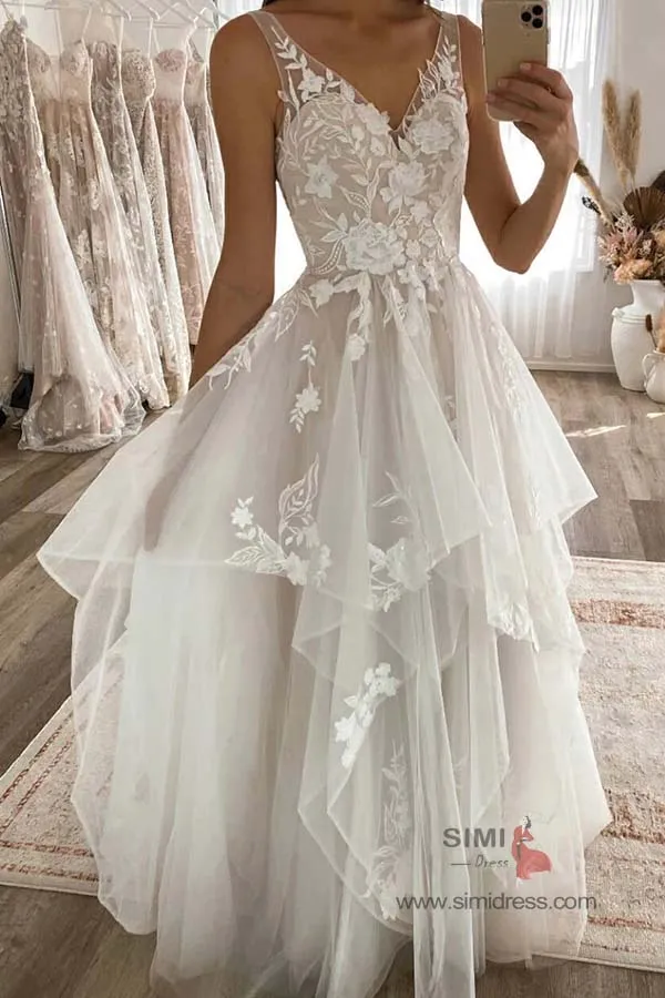 Tulle A-line V-neck Floral Lace Princess Wedding Dresses With Sweep Train, SW510
