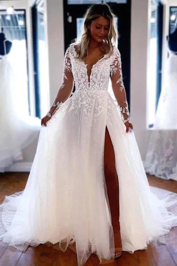 Tulle A-line V-neck Long Sleeves Lace Wedding Dresses, Bridal Gowns, SW610