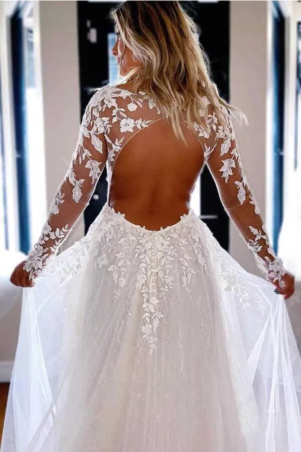 Tulle A-line V-neck Long Sleeves Lace Wedding Dresses, Bridal Gowns, SW610
