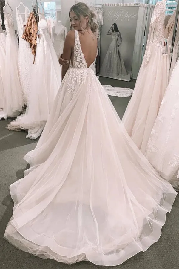 Tulle A-line V-neck Sleeveless Wedding Dresses With Lace Appliques, SW685