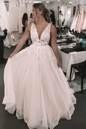 Tulle A-line V-neck Sleeveless Wedding Dresses With Lace Appliques, SW685