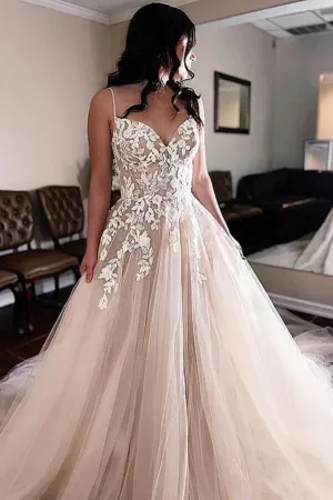 Tulle A-line V-neck Spaghetti Straps Lace Appliques Wedding Dresses, MW1087