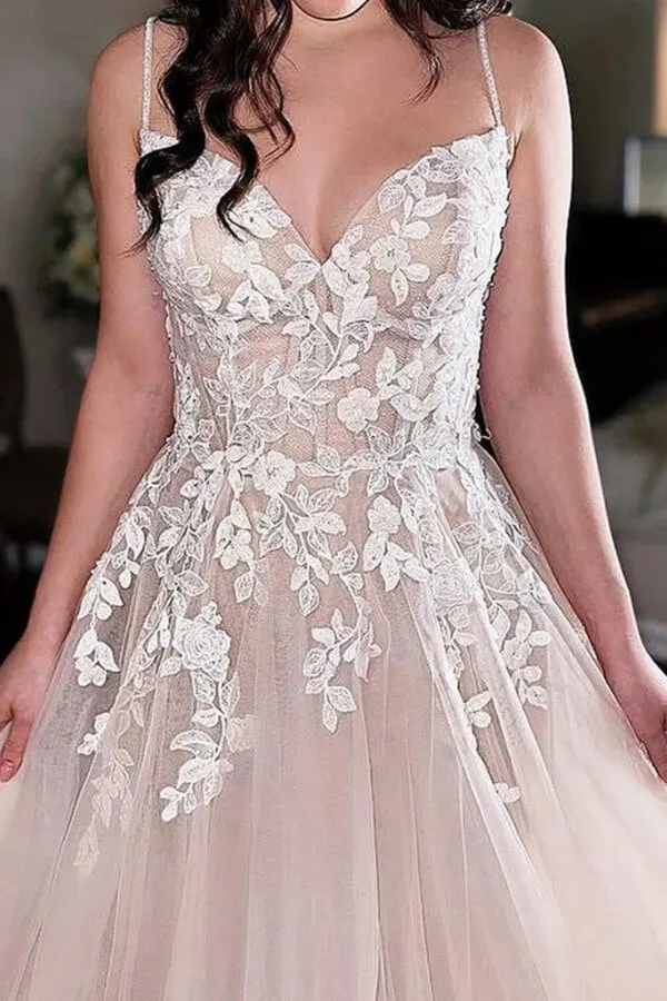 Tulle A-line V-neck Spaghetti Straps Lace Appliques Wedding Dresses, MW1087