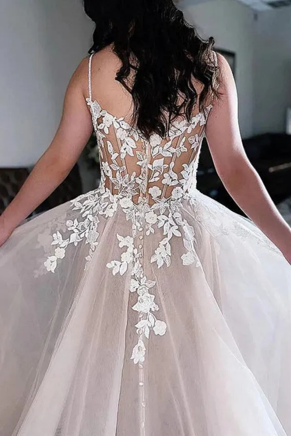 Tulle A-line V-neck Spaghetti Straps Lace Appliques Wedding Dresses, MW1087