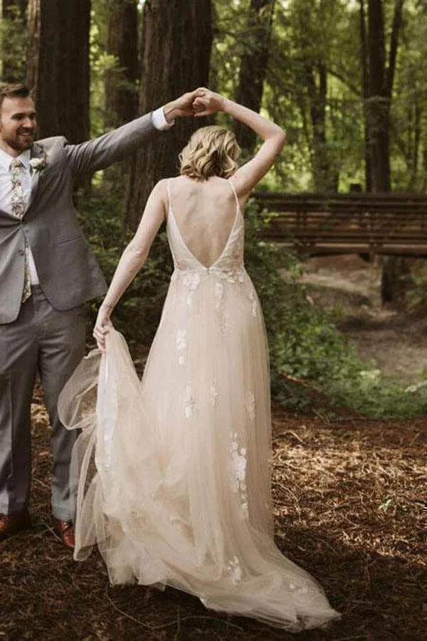 Tulle A-line V-neck Spaghetti Straps Lace Appliques Wedding Dresses, MW983