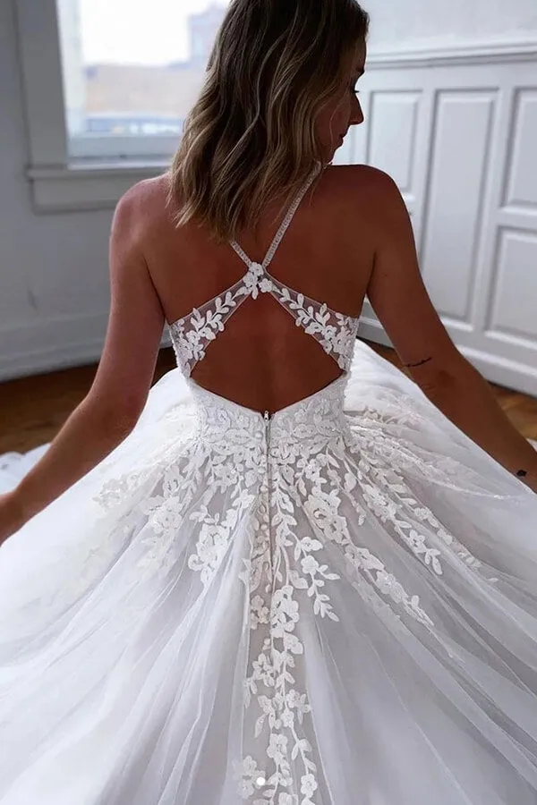 Tulle Lace A-line V-neck Spaghetti Straps Open Back Wedding Dresses, MW656