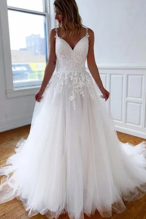 Tulle Lace A-line V-neck Spaghetti Straps Open Back Wedding Dresses, MW656