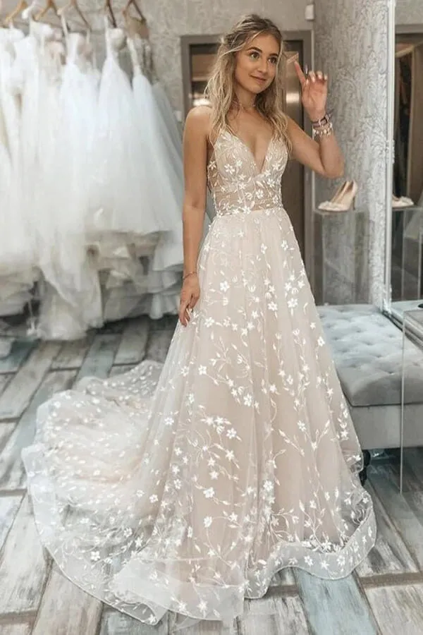 Tulle Lace A-line V-neck Spaghetti Straps Wedding Dresses, Bridal Gown, SW503