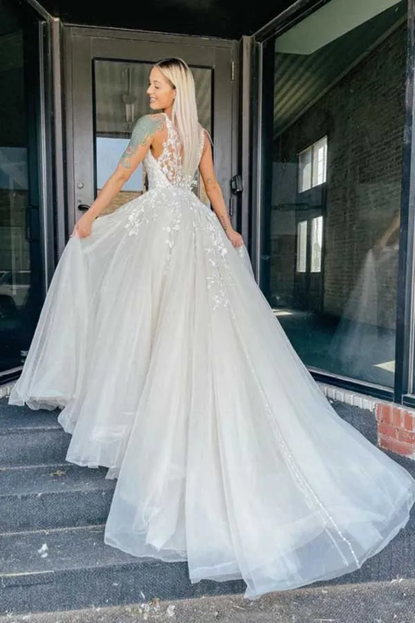 Tulle Lace A-line V-neck Wedding Dresses With Appliques, Bridal Gown, MW736
