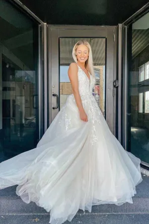 Tulle Lace A-line V-neck Wedding Dresses With Appliques, Bridal Gown, MW736