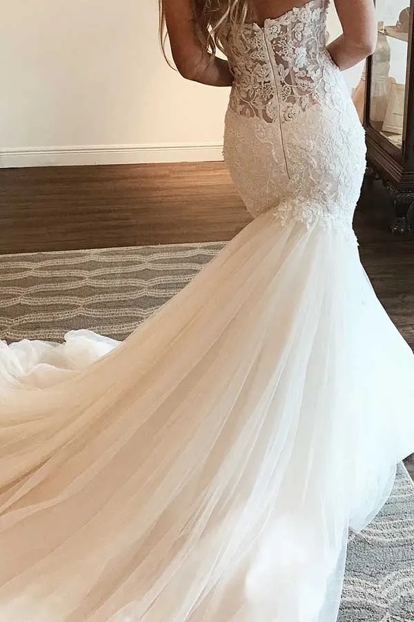 Tulle Mermaid Sweetheart Strapless Lace Wedding Dresses, Wedding Gown, MW798