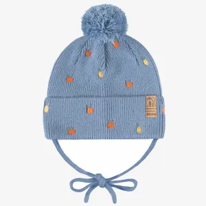 Tuque bleue en tricot avec broderies fruitées, bébé || Blue knit beanie with fruity embroidery, baby