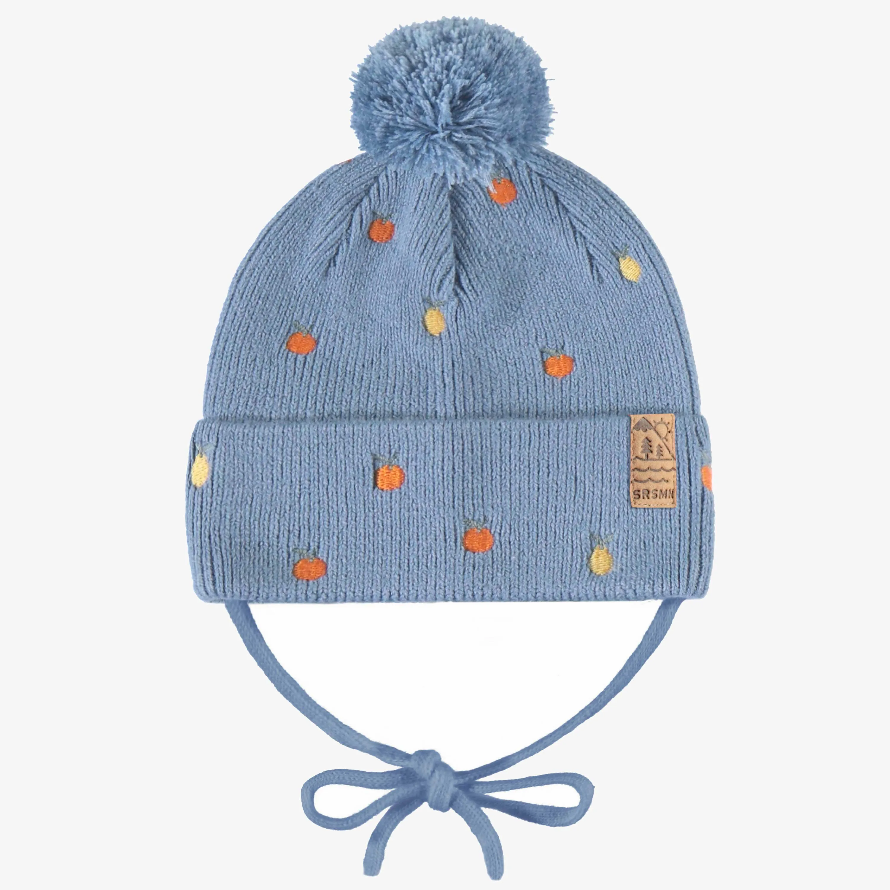 Tuque bleue en tricot avec broderies fruitées, bébé || Blue knit beanie with fruity embroidery, baby