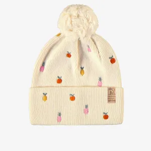 Tuque crème en tricot avec broderies fruitées, enfant || Cream knit beanie with fruity embroidery, child