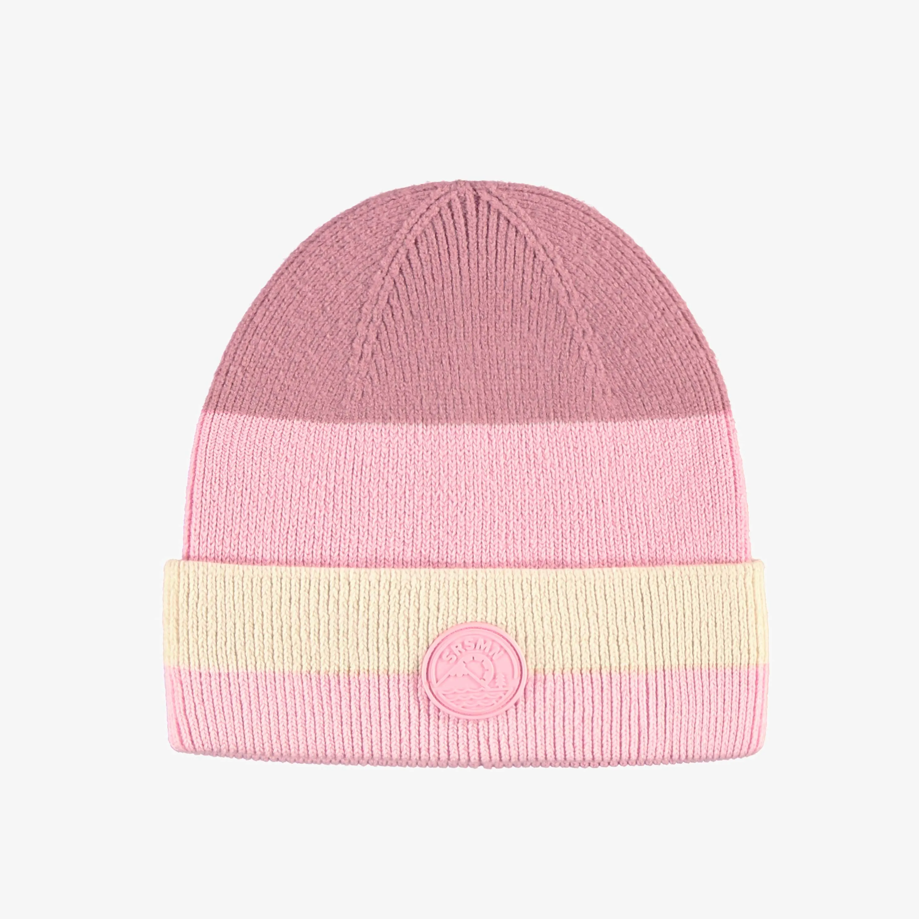 Tuque en tricot rose et crème, enfant || Pink and cream knit beanie, child