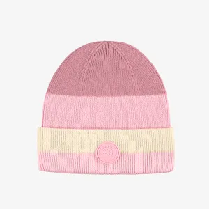 Tuque en tricot rose et crème, enfant || Pink and cream knit beanie, child