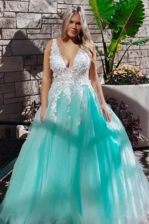 Turquoise Lace Ball Gown Appliqued Prom Dresses, Quinceanera Dress, SP652