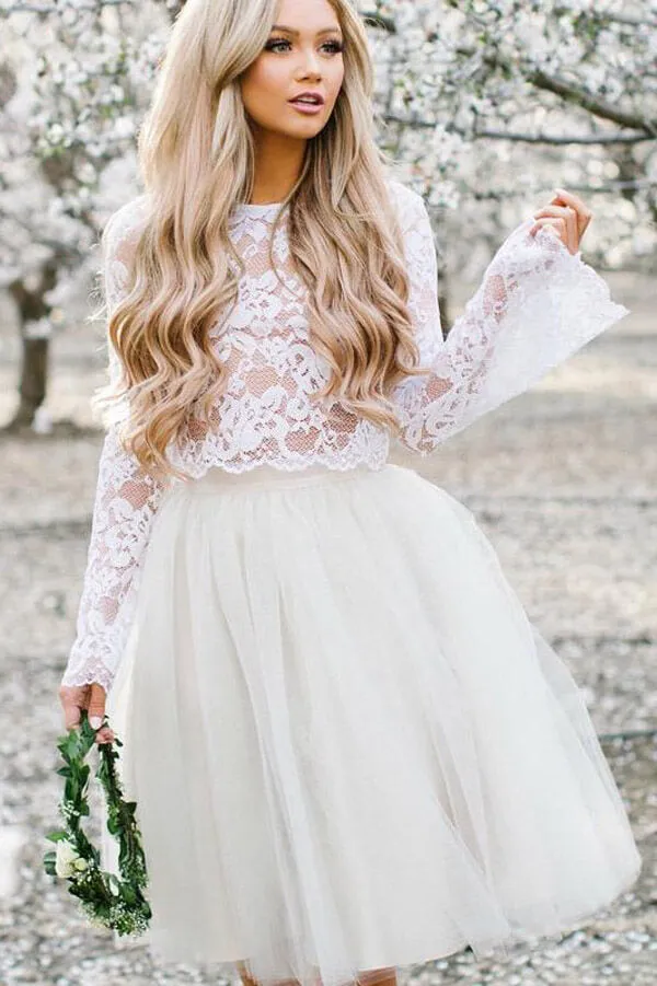 Two Piece Lace Top Long Sleeves Homecoming Dresses, Short Prom Dress, MH531