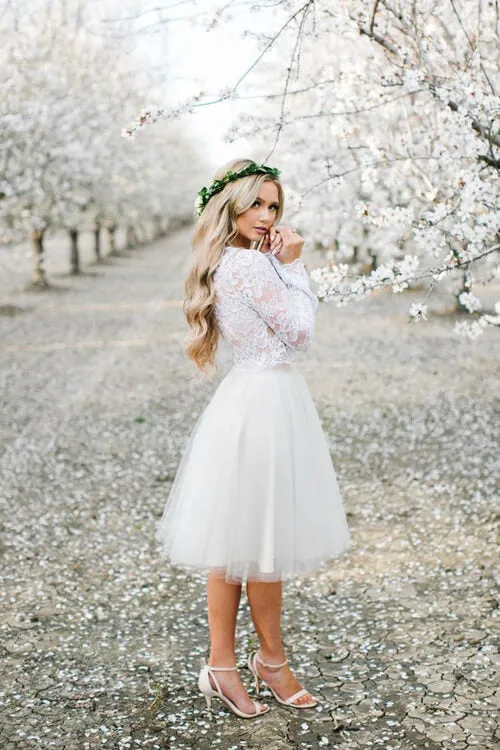 Two Piece Lace Top Long Sleeves Homecoming Dresses, Short Prom Dress, MH531